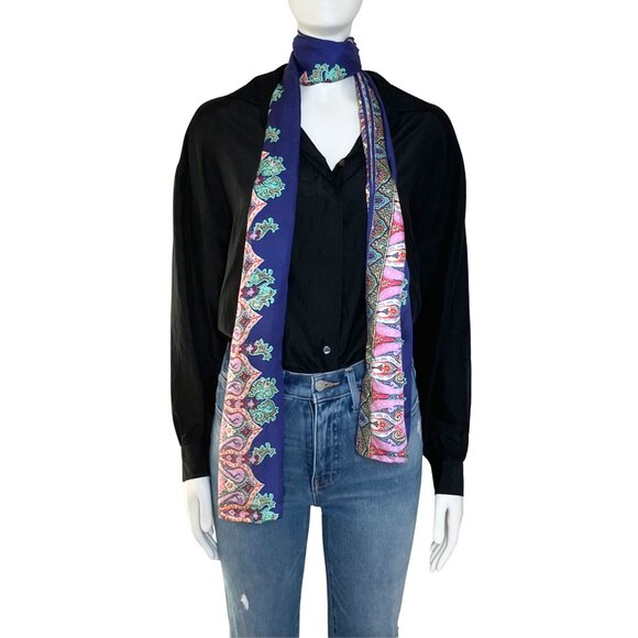 Vintage 90s 100% Silk Express Black Button Down Blouse. XS. Retro Shoulder Pads - Picture 7 of 10